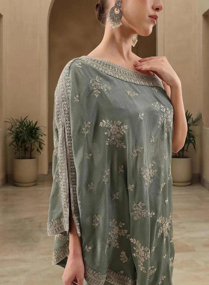 آي شين Rich Chinon Embroidered Brown Embroidered A Line Co-Ords ShararaBottom